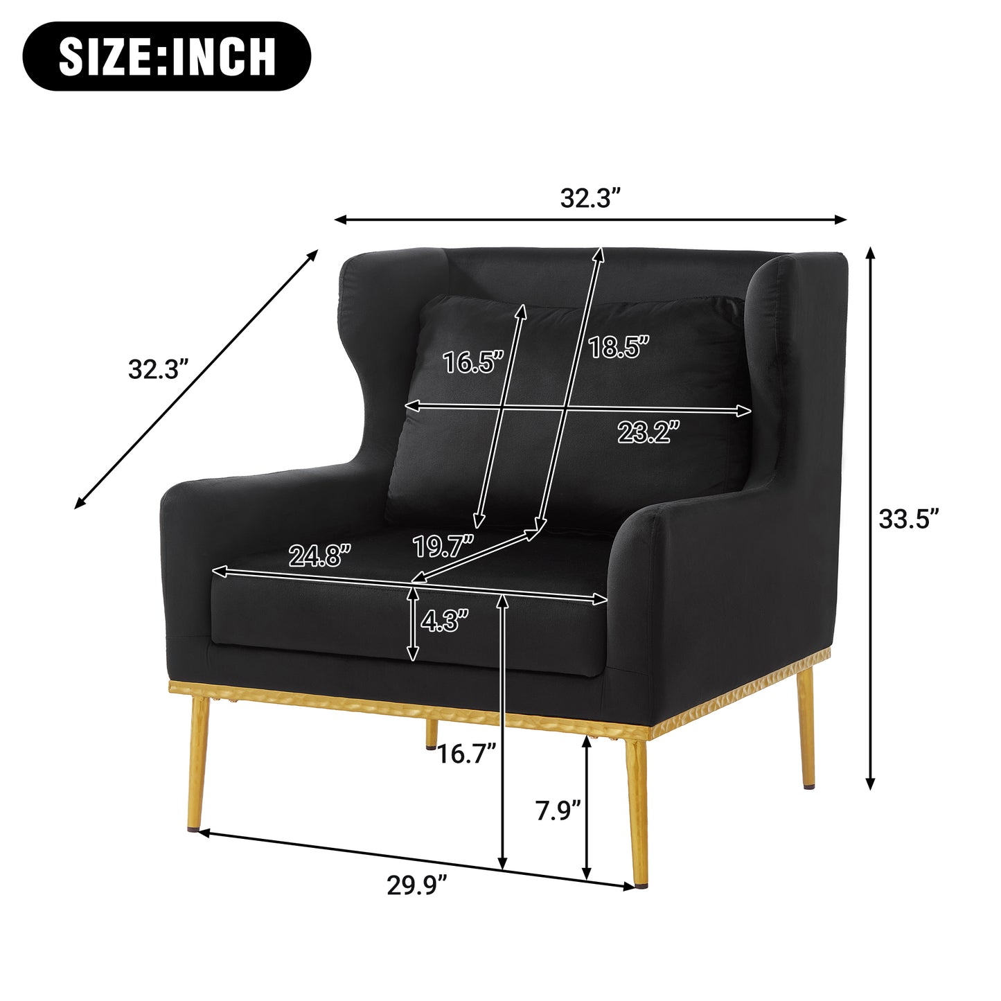 Black Velvet Accent Chair - Modern Armchair for Living Room