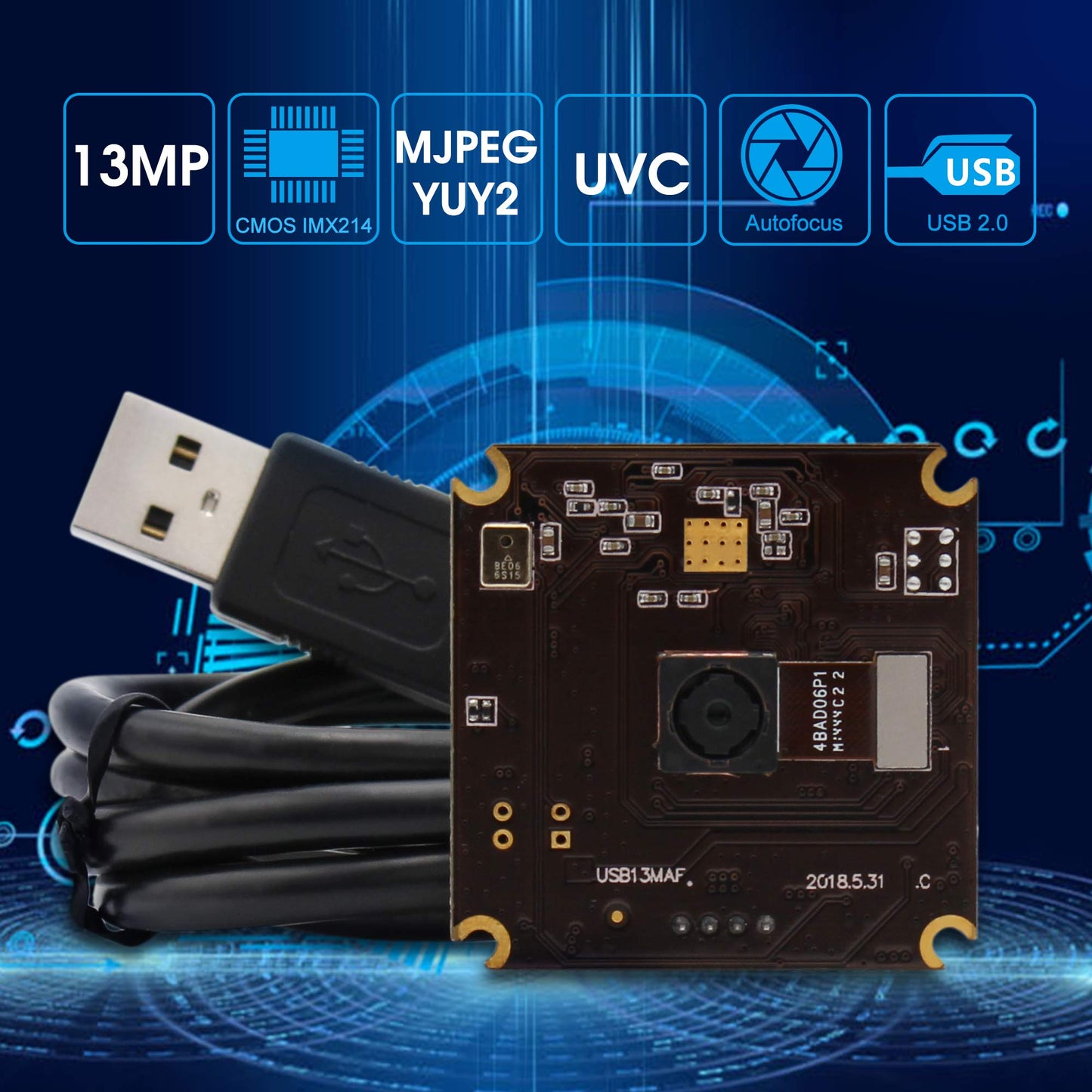 13mp USB Camera Module with Microphone Autofocus Audio Video Webcam Board for Computer Mini UVC USB2.0 PC Camera Industrial Embedded USB with Camera IMX214 Lightburn Camera for Laptop Jetson Nano