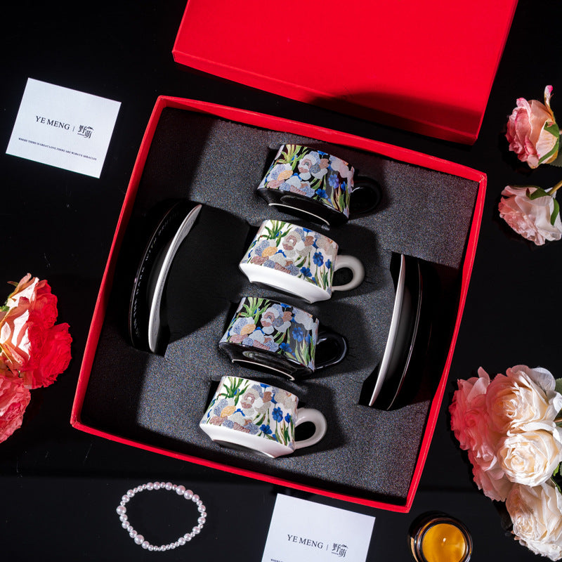 Elegant Iris Flower Ceramic Coffee Cup Set with Gift Box - Multiple Styles & Sizes
