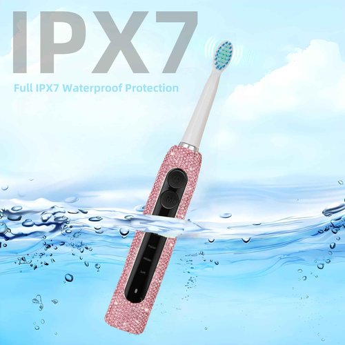 Veseek Diamond Sonic Electric Toothbrush Bling Rechargeable Toothbrushes for Adults with 6 Brush Heads Vibrating Toothbrush-5 Modes, USB-C Fast Charge,2Min Smart Timer,IPX7 Waterproof(Pink)