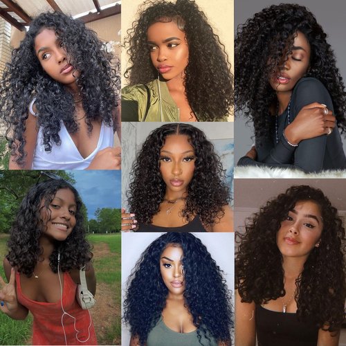JTdebade 12 Inch Kinky Curly Human Hair Bundles Brazilian Virgin Human Hair 4 Bundles Natural Black Color 100% Unprocessed Curly Wave Human Hair Extensions(14 Inch curly *4+16 Inch Closure)