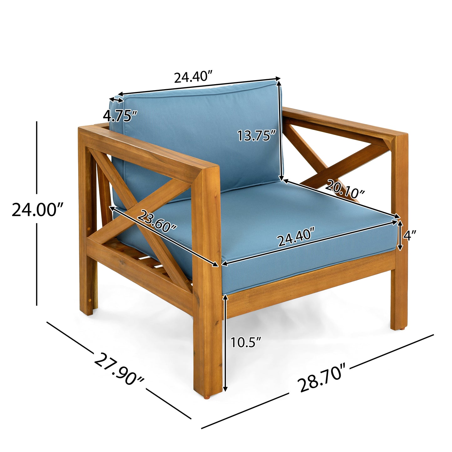 Outdoor Acacia Wood Club Wooden Armchair With Cushions Set Of 4 ,