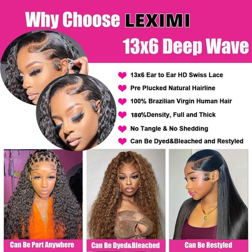 Leximi 18 Inch Deep Wave Lace Front Wigs Human Hair 13x6 HD Lace Frontal Wigs Human Hair Pre Plucked Deep Curly Lace Front Wigs For Women