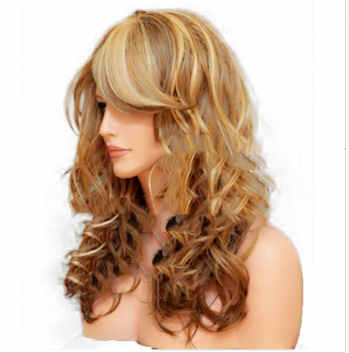 Long Curly Synthetic Wigs with Oblique Bangs - Multiple Colors