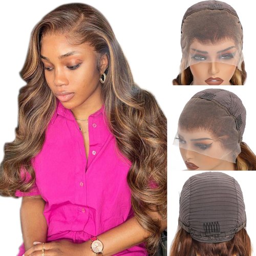 Aaliweya Highlight Lace Front Wigs Human Hair 4/27 Ombre 13x4 Body Wave Lace Frontal Wig for Women 180% Density Glueless Honey Blonde Wig Full and Thick Super Soft 18 inch