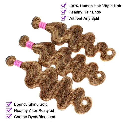Vallbest Ombre Human Hair Bundles 14 16 18 Inch Highlight Bundles Human Hair 4/27 Blonde Body Wave Brown 12A 100% Unprocessed Brazilian Virgin Remy Weave Raw Human Hair Extensions