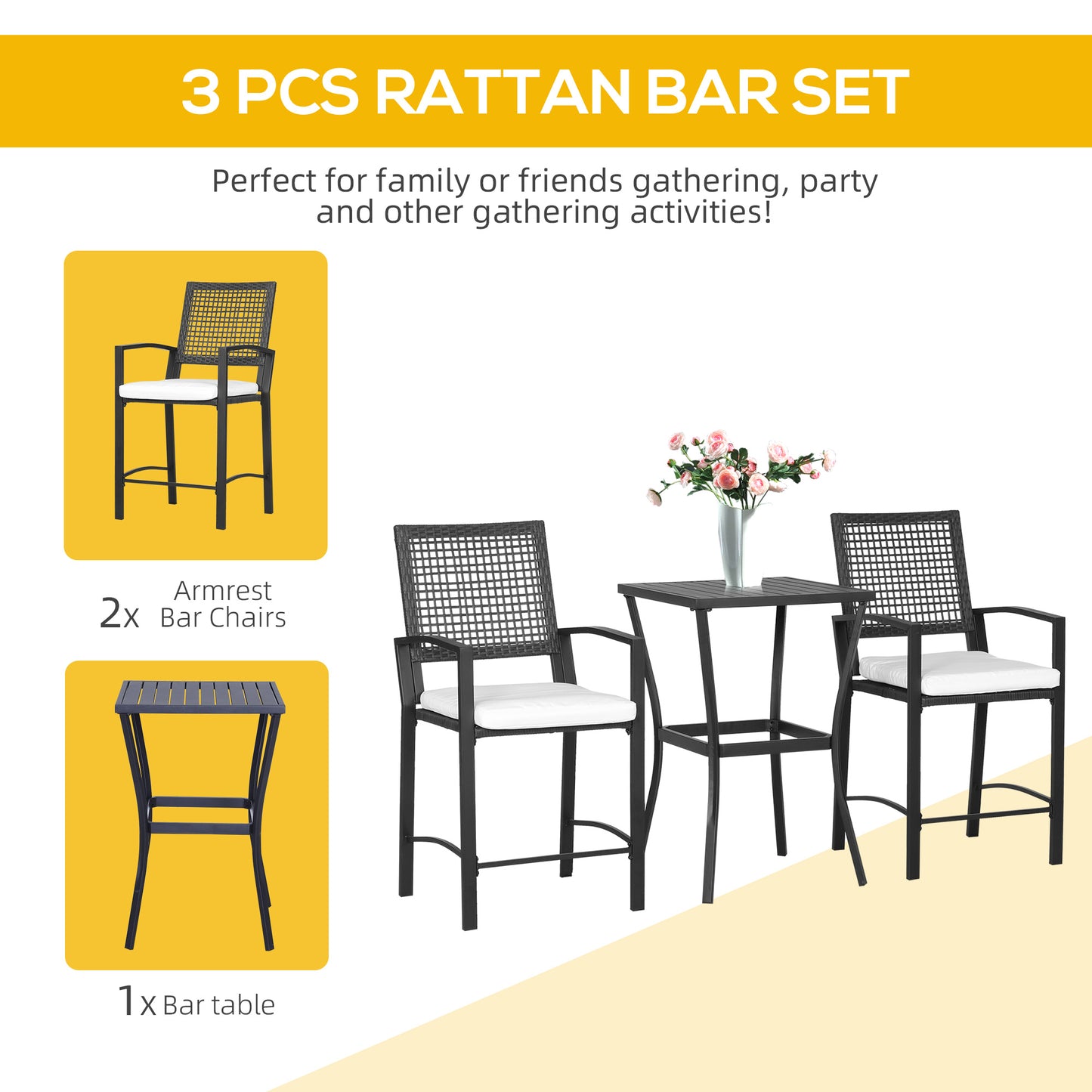 3-Piece Rattan Wicker Patio Bar Set with Cushions - Black