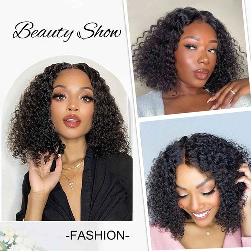 Xinjiju Wear and Go Glueless Wigs Human Hair Pre Plucked Pre Cut 6x4 Short Curly Bob Lace Front Wigs for Black Women Natural Hairline Water Wave Lace Front Wigs 200% Density 14 Inch