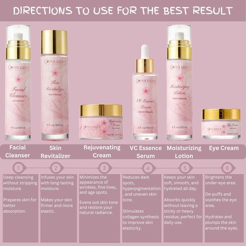 Luxurious Korean Style Cherry Blossom Facial Cleanser & Moisturizer Set Facial Cleanser, Moisturizer, Revitalizer, Serum, Rejuvenator, Eye Cream, Daily Skincare Routine, Retinol-Free, All-skin types