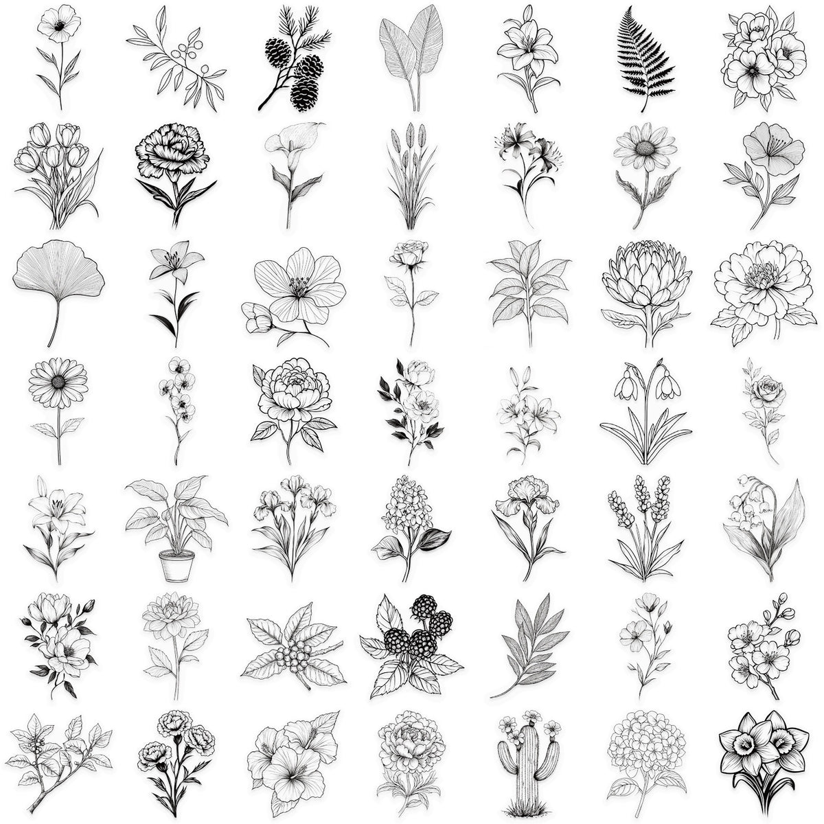 50 Black and White Plant PET Graffiti Stickers - Decorative Garden Decor