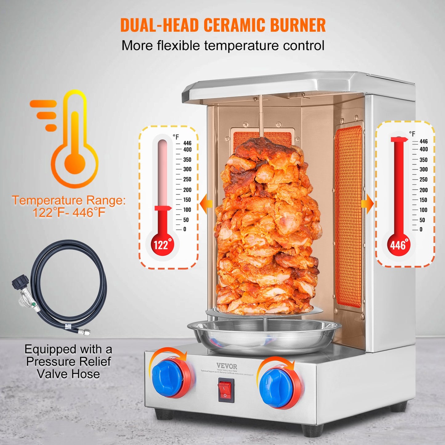 Silver Shawarma Grill Machine with 13L Capacity - Gas Vertical Rotisserie for Home & Restaurant