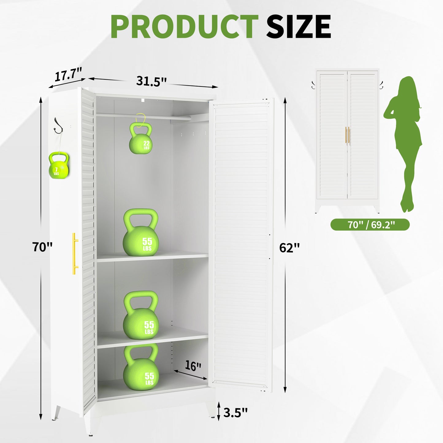 White Metal Wardrobe Closet With 2 Doors, 71in Tall Portable Storage