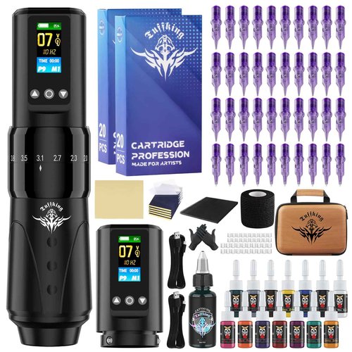 Wireless Tattoo Gun Machine Kit - Professional Rotary Tattoo Pen Set, Complete Beginners Tattoo Supplies with 2Pcs 1,600mAh Batteries, 40Pcs Cartridge Needles for Starter, Artists