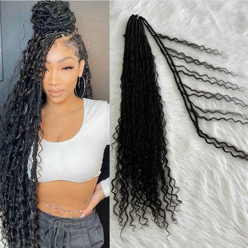 Boho Locs Crochet Braids Pre Looped With Human Hair Extensions Curly Ends Deep Wave Goddess Soft Locs Box Knotless Braids Hair Synthetic Dreadlocks Braiding for Women CHARMING YOU 26 Inch 24Strands