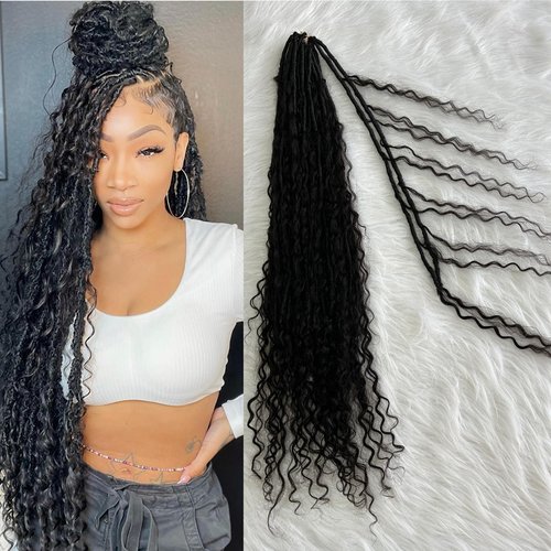 Boho Locs Crochet Braids Pre Looped With Human Hair Extensions Curly Ends Deep Wave Goddess Soft Locs Box Knotless Braids Hair Synthetic Dreadlocks Braiding for Women CHARMING YOU 18 Inch 24Strands