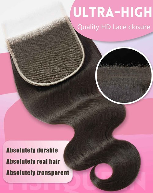 FishQueen 5x5 HD Lace Closure Skinlike Transparent Frontal 100% Real HD Lace Body Wave Human Hair 16Inch 0.095mm Ultra-Thin Invisible Swiss Lace Closure Only Bleached Small Single Knots Raw Human Hair