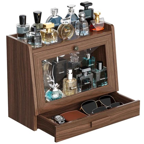 Cologne Organizer for Men,Cologne Stand with Acrylic Door,Large Capacity Ash Wood Cologne Holder Perfume Shelf with Desk & Nightstand Organizer,Mens Husband Birthday Gifts Ideas,Gifts for Men(Walnut)