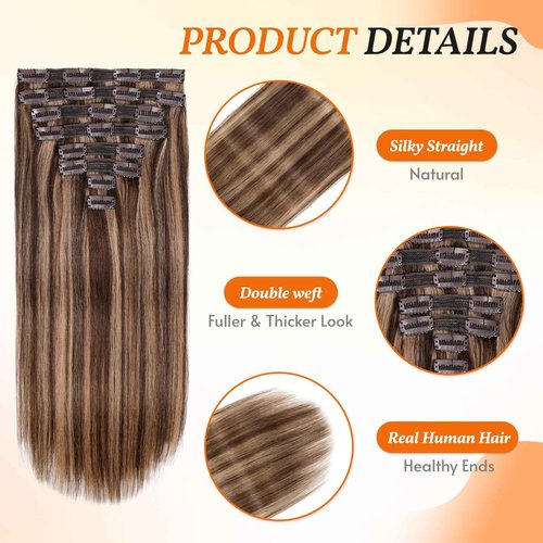VKHAIR Clip in Hair Extensions Real Human Hair 20 inch, 8Pcs/120g Human Hair Clip in Extensions, Seamless Clip in Hair Extensions Human Hair #4/27 Medium Brown/Dark Blonde, 20 Inch
