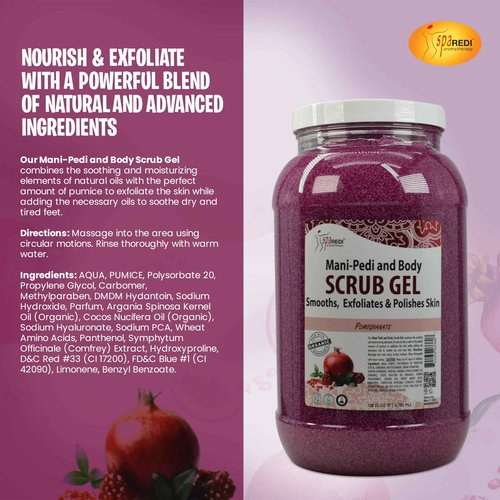 SPA REDI – Pomegranate Pumice Scrub Gel, Exfoliating, Hydrating & Nourishing, Infused with Hyaluronic Acid, Amino Acids, Panthenol and Comfrey Extract for Glowy Smooth Skin - 128oz Gallon