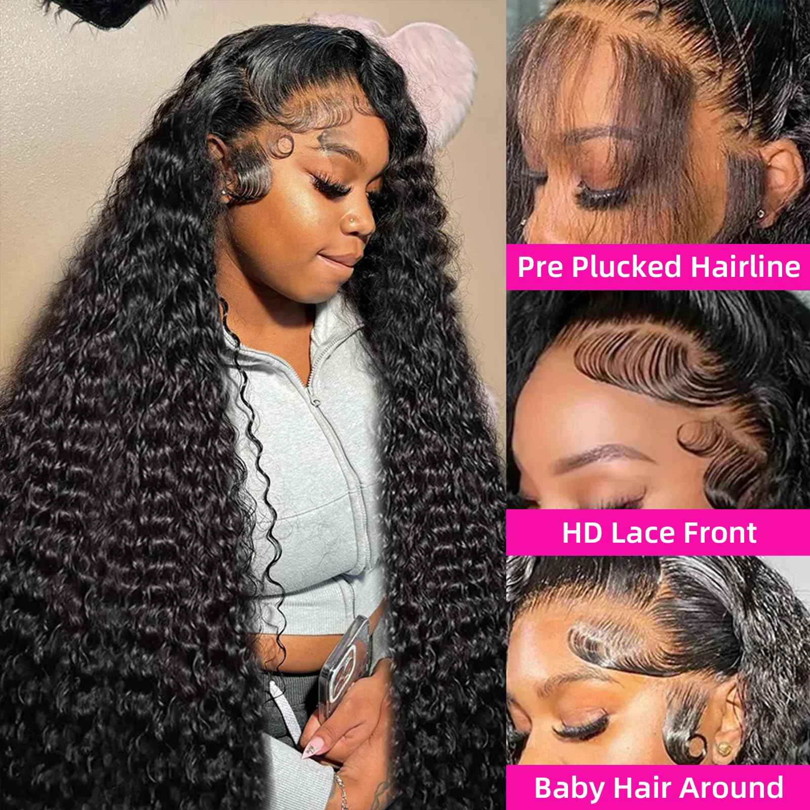 26 Inch Deep Wave Lace Front Wigs Human Hair 250 Density 13x6 HD Lace Frontal Wigs Human Hair Pre Plucked Deep Curly Glueless Wigs for Women