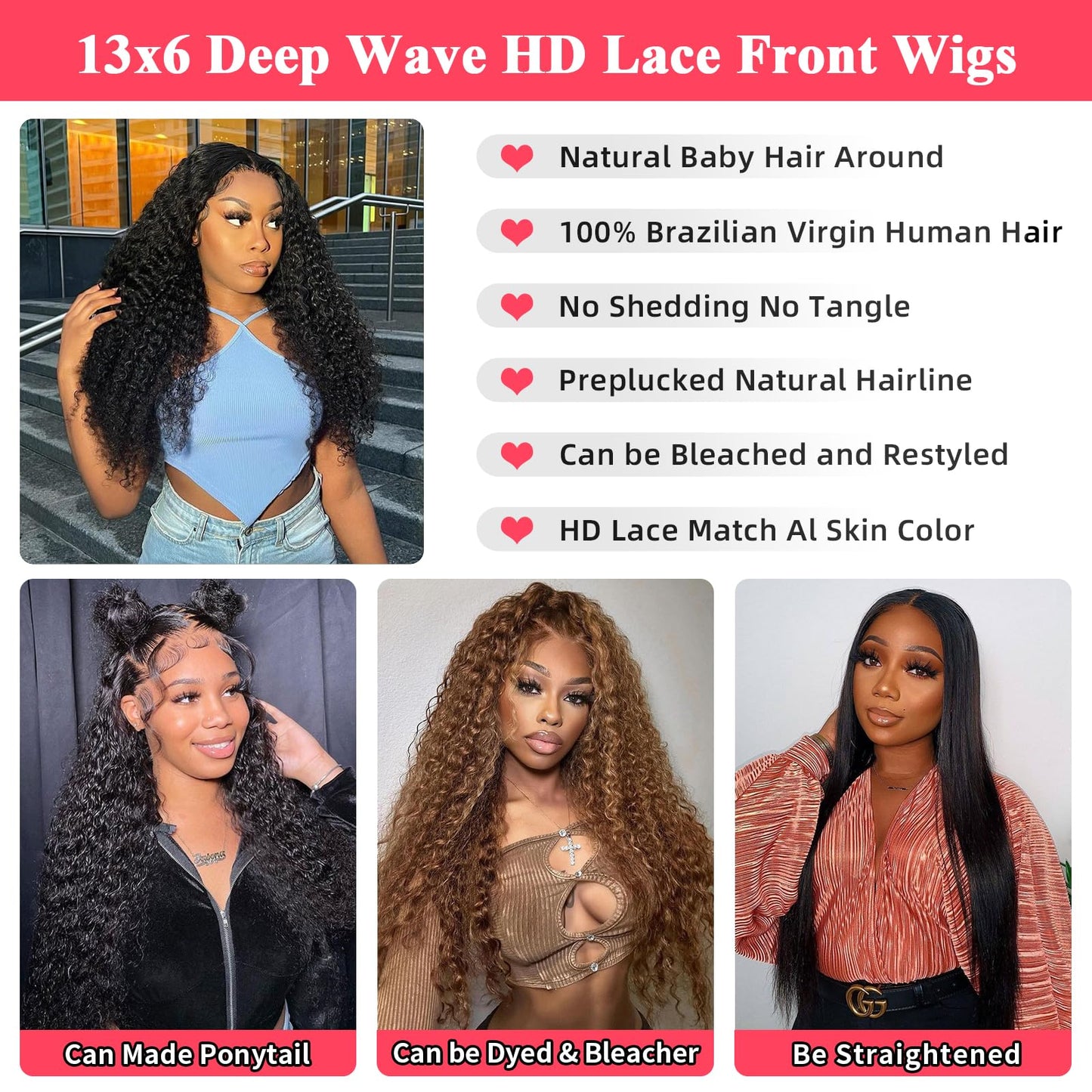24 Inch 13x6 Deep Wave Lace Front Wigs Human Hair for Women HD Transparent Deep Curly Lace Frontal Wigs Human Hair Pre Plucked Natural color