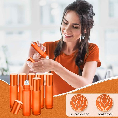 Sumind 150 Pcs Frosted Glass Roller Bottles Essential Oil 10 ml Empty Roll on Bottles with Stainless Steel Balls Leak Proof with 5 Funnel for Travel Essential Oil Perfume(Frosted Orange)