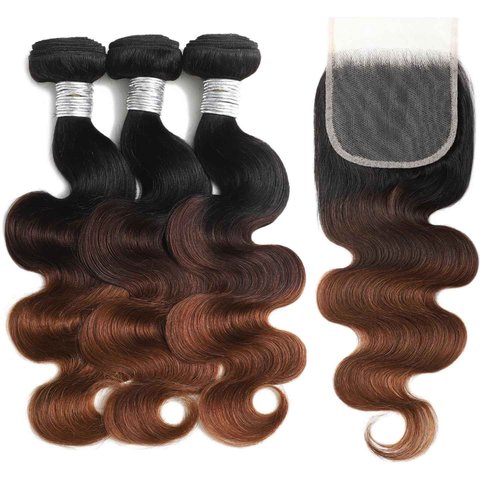 ANMETAN Ombre T1B/2/30 Body Wave Human Hair 3 Bundles with 4x4 Closure, 12A Chestnut Brown Bundles and HD Lace Closure Free Part (10/12/14+10 In) Real Remy Hair Wavy Thick 3 Tone Weave With Dark Roots