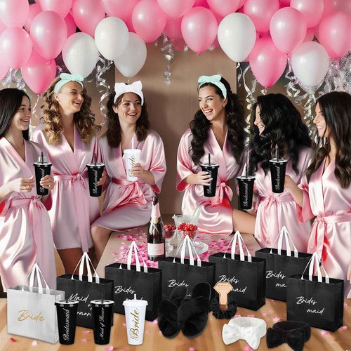 Shyyween 42 Pcs Bridesmaid Bride Robes Set of 6 Bridal Party Silk Satin Robes for Wedding Bachelorette Party Gifts(White,Black)
