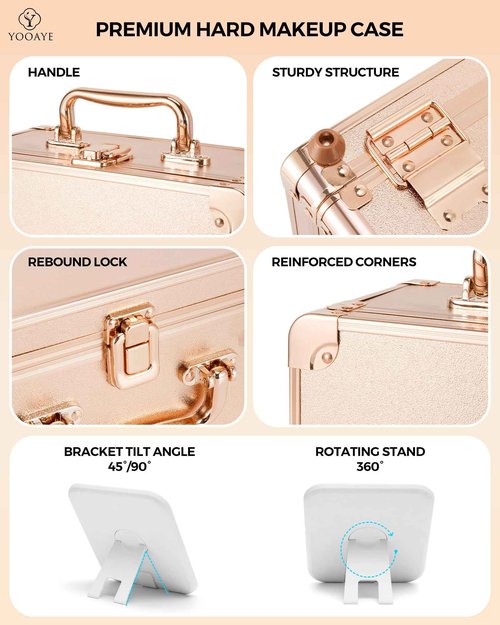 Yooaye Makeup Box with Detachable Lighted Mirror–Travel Train Case, Cosmetic/Storage Organizer & Makeup Suitcase with Adjustable Dividers & Magnetic LED Mirror (Rose Gold)