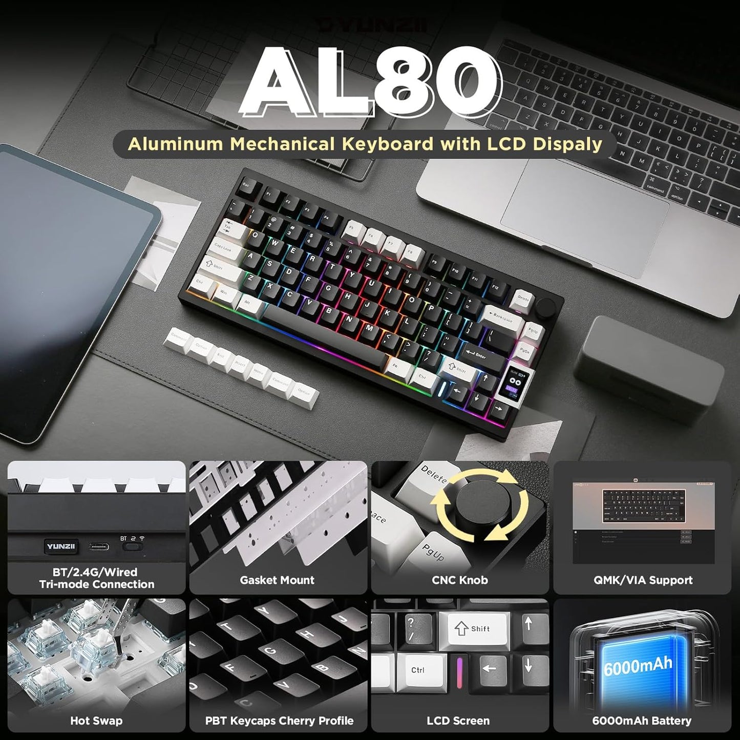 YUNZII AL80 Wireless Mechanical Keyboard,Full Aluminum CNC, Smart LCD Display,Hot Swappable Gasket Mount 75% Layout with Knob,BT/2.4G/USB-C,QMK/VIA Support for Win/Mac (Silver, Cocoa Cream V2 Switch)