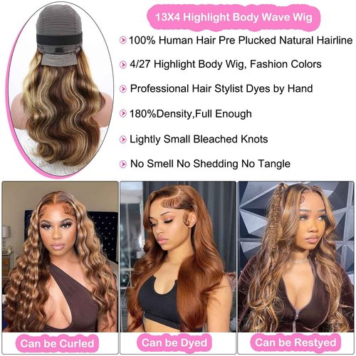 SKYDO Highlight Lace Front Wig Human Hair 4/27 Ombre Honey Blonde Lace Front Wig Pre Plucked 13x4 HD Lace Front Wigs Human Hair 180 Density Body Wave Frontal Wigs for Women 24inch