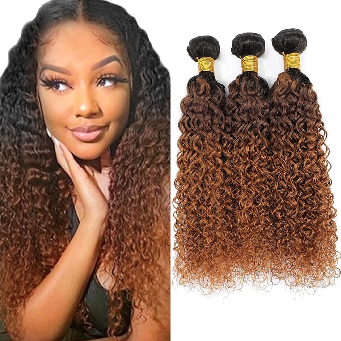 Giginger Bundles Human Hair T1B/4/30 Omber Jerry Curly Human Hair Bundles 18 20 22 Inch Omber Black Chocolate Light Brown Unprocessed Quick Weave Soft Sewn In Hair Extensions for Black Women