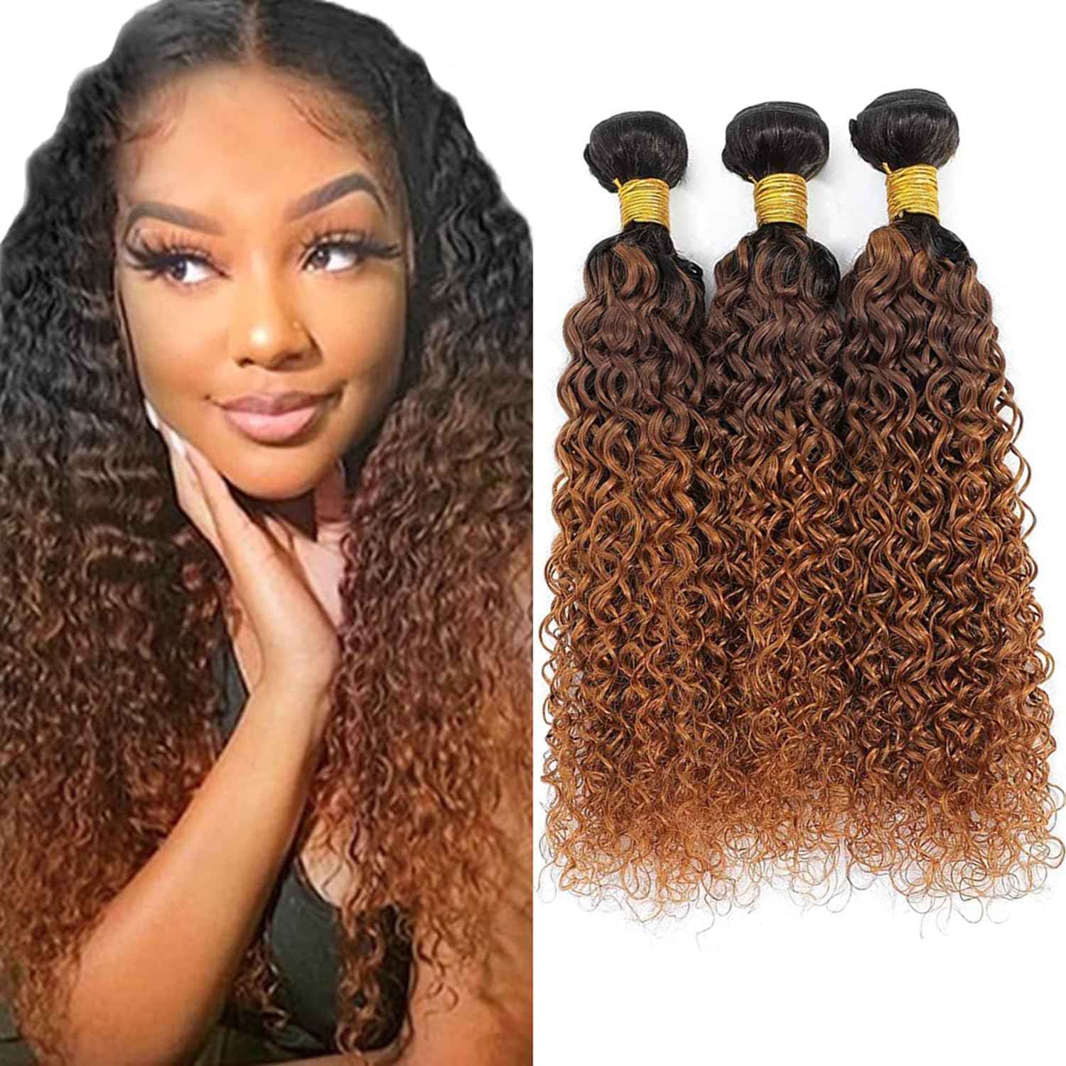 Giginger Bundles Human Hair T1B/4/30 Omber Jerry Curly Human Hair Bundles 24 26 28 Inch Omber Black Chocolate Light Brown Unprocessed Quick Weave Soft Sewn In Hair Extensions for Black Women