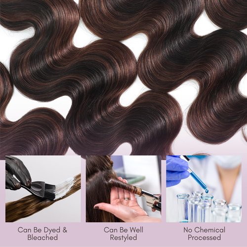 AUROO Brown Highlight Body Wave 3 Bundles Human Hair 10 12 14 Inch, 12A 2-Tone #F2/4 Dark Brown with Chestnut Streaks Ombre Human Hair Bundles 100% Virgin Real Hair Wavy Weave Thick Track Sew in Remy