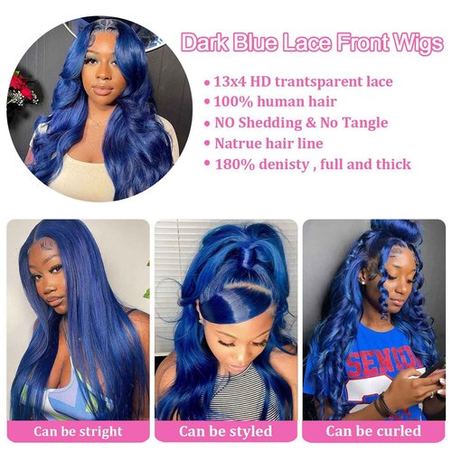 Dorashion Drak Blue 13x4 Body Wave Lace Front Wigs Human Hair 16 Inch 180 Density Glueless HD Transparent Lace Frontal Wigs Human Hair Pre Plucked With Baby Hair Blue Wigs For Women