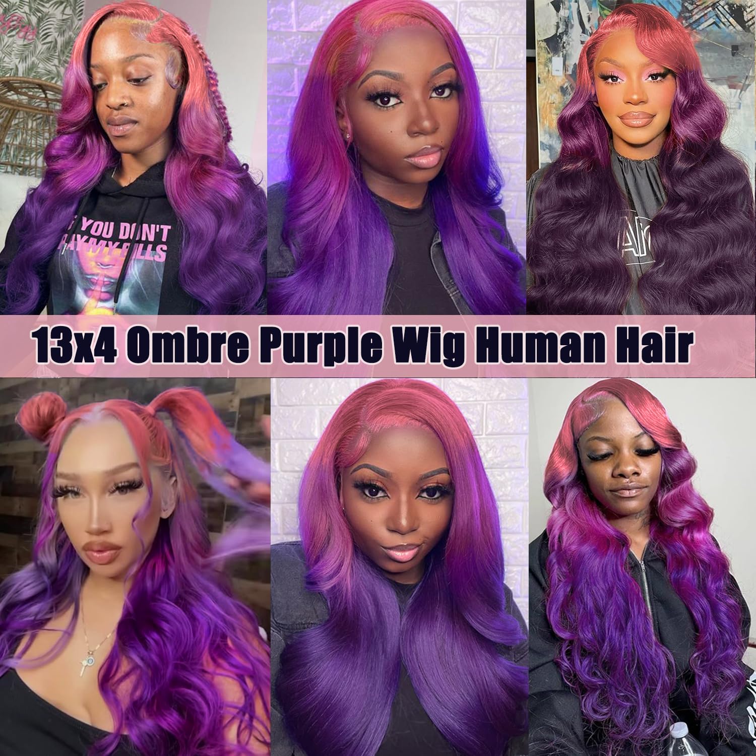 GGEDUO Dark Purple Ombre Lace Front Wig Human Hair Body Wave Burgundy Ombre 13x4 HD Glueless Lace Front Wigs 3 Tone Pink to Red and Purple Colored for Fashion Women 180% Density 18 Inch