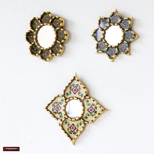 DECORCONTRERAS Handmade Peruvian Mirror Set – Reverse Painted Glass – Small Decorative Mirrors for Wall – Artisan Star & Diamond Designs – Unique Wall Decor Gift