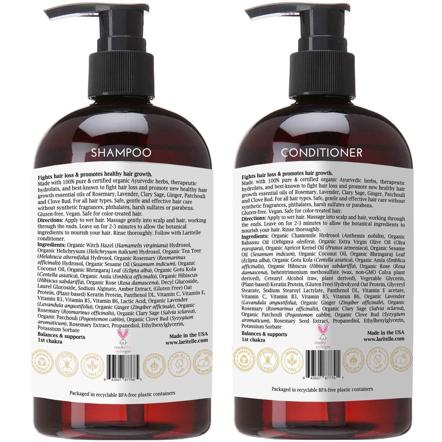 Laritelle Organic Shampoo 17 oz + Conditioner 16 oz | Prevents Hair Loss, Promotes Hair Growth | Ayurvedic Herbs, Lavender, Ginger & Rosemary | NO GMO, Sulfates, Gluten, Alcohol, Parabens, Phthalates
