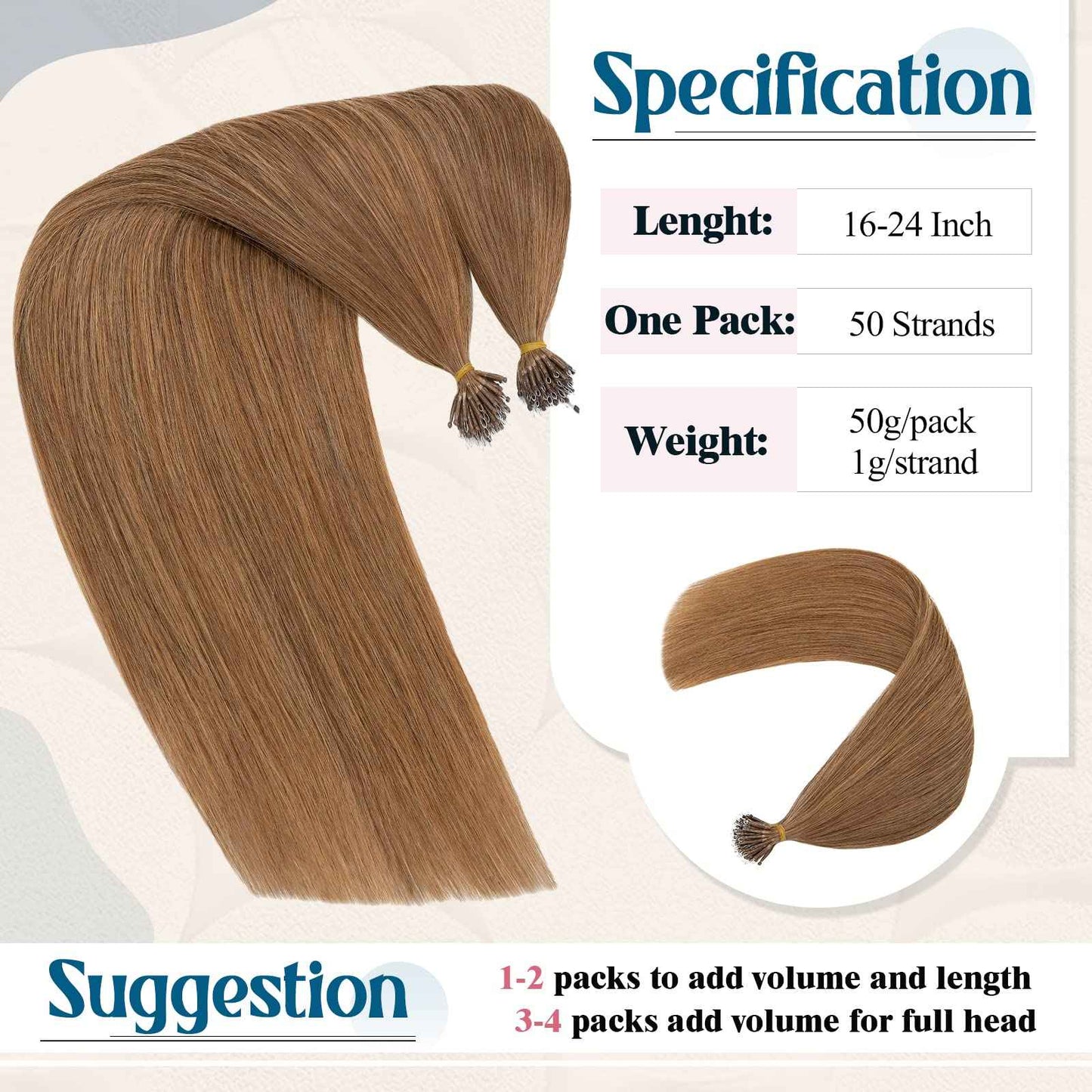 Nano Ring Human Hair Extensions Pre Bonded Keratin Fusion Stick Tip Iron Loop Link 50 strands 75g Straight Micro Bead Remy Hairpiece for Women Highlighted 20inch Light Auburn #30