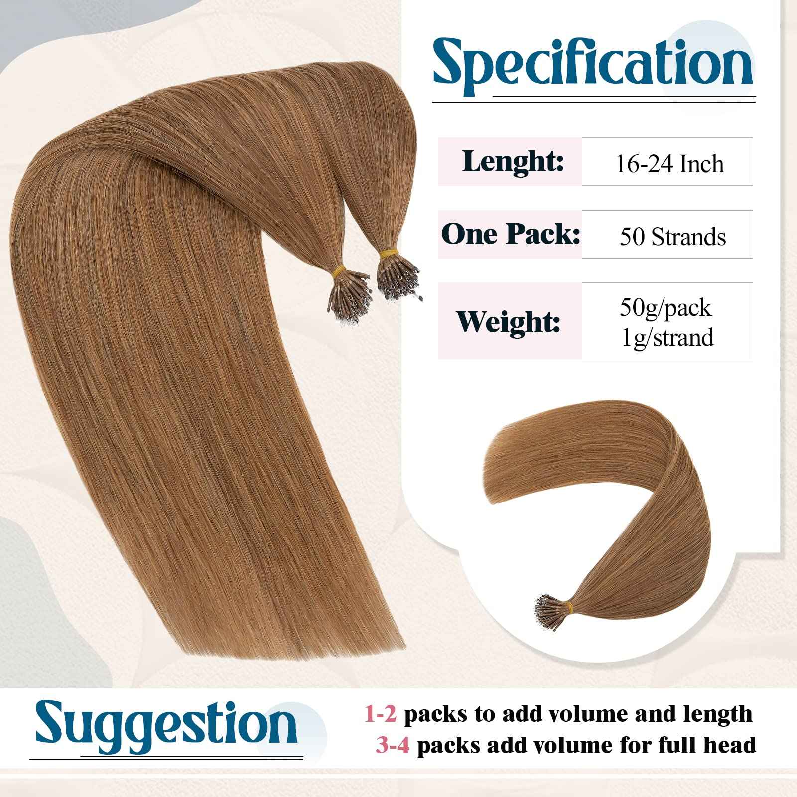Nano Ring Human Hair Extensions Pre Bonded Keratin Fusion Stick Tip Iron Loop Link 50 strands 75g Straight Micro Bead Remy Hairpiece for Women Highlighted 20inch Light Auburn #30