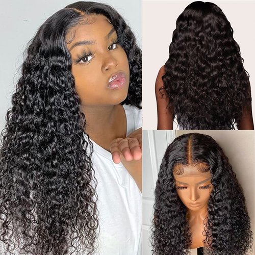 Flyzhuim 4x4 Closure Wigs Human Hair Water Wave Human Hair Wigs 18inch Wet And Wavy Wig Natural Black Lace Closure Wigs for Women Human Hair Deep Water Curly Wig With Baby Hair