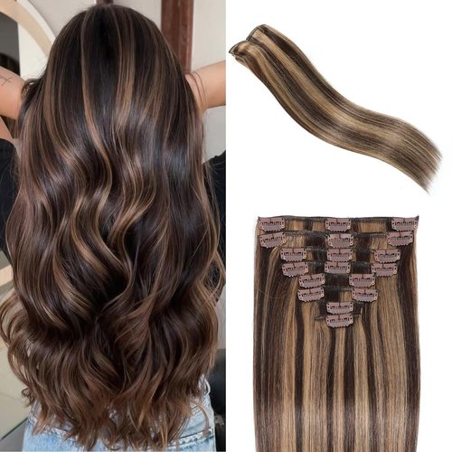 Clip in Hair Extensions Real Human Hair, Seamless Clip ins Real Human Hair for Women, Remy Human Hair Clip in Extensions, Double Weft 8pcs 20 inch Balayage Dark Brown to Chestnut Brown