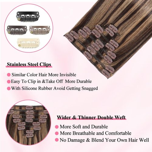Clip in Hair Extensions Real Human Hair, Seamless Clip ins Real Human Hair for Women, Remy Human Hair Clip in Extensions, Double Weft 8pcs 20 inch Balayage Dark Brown to Chestnut Brown