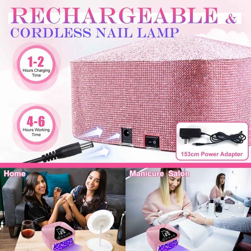 NXJ INFILILA UV Light for Gel Nails, 54W Cordless Nail Lamp, Pink Rhinestone Rechargeable Nail Lamp, Bling Wireless Fast Curing Dryer Professional Quick Dry for Salon & Home