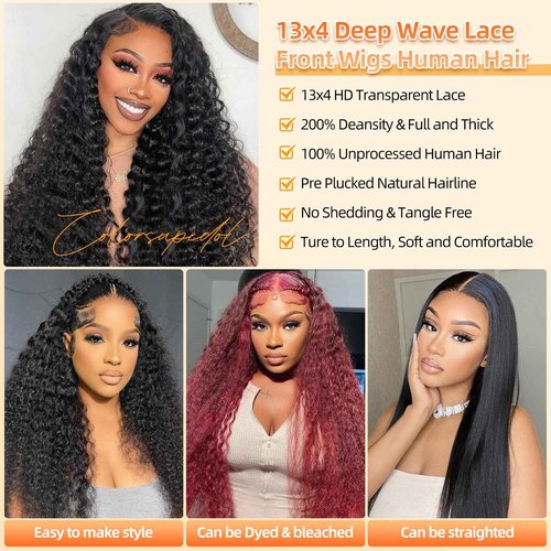 COLORSUPIDOL 32 Inch Deep Wave Lace Front Wigs Human Hair 200 Density 13x4 HD Transparent Lace Frontal Wigs Human Hair Pre Plucked Deep Curly Glueless Wigs for Black Women Natural Color