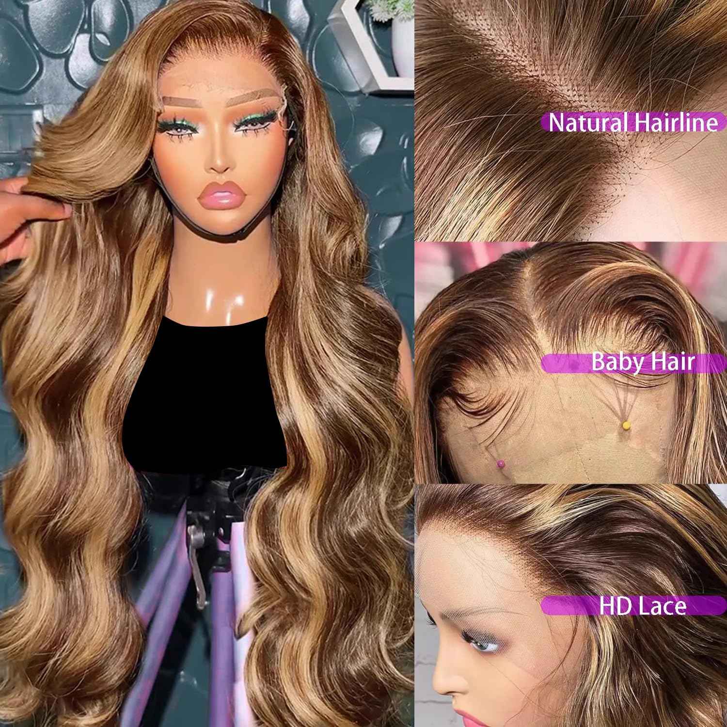 Highlight Ombre Lace Front Wigs Human Hair 28 Inch 13X4 Body Wave Honey Blonde HD Lace Front Wigs Human Hair Pre Plucked with Baby Hair 180% Density 4/27 Balayage Glueless Wigs for Black Women