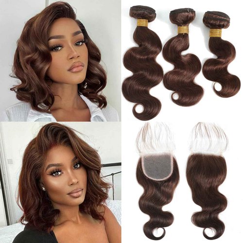 Kapelli Hair Brazilian Body Wave Bundles with Closure (12 14 16+12) 10A Light Brown Body Wave Human Hair Bundles with Lace Closure Brazilian Virgin Hair 3 Bundles with Lace Closure with Baby Hair