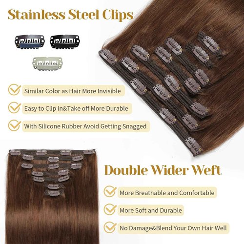 Mocona Clip in Hair Extensions Real Human Hair, Chocolate Brown – 20 Inch 7pcs 160g/Pack, Soft Hair Extensions Real Human Hair Clip ins Straight for Women, Capable for all Occasion (#4 20 Inch)