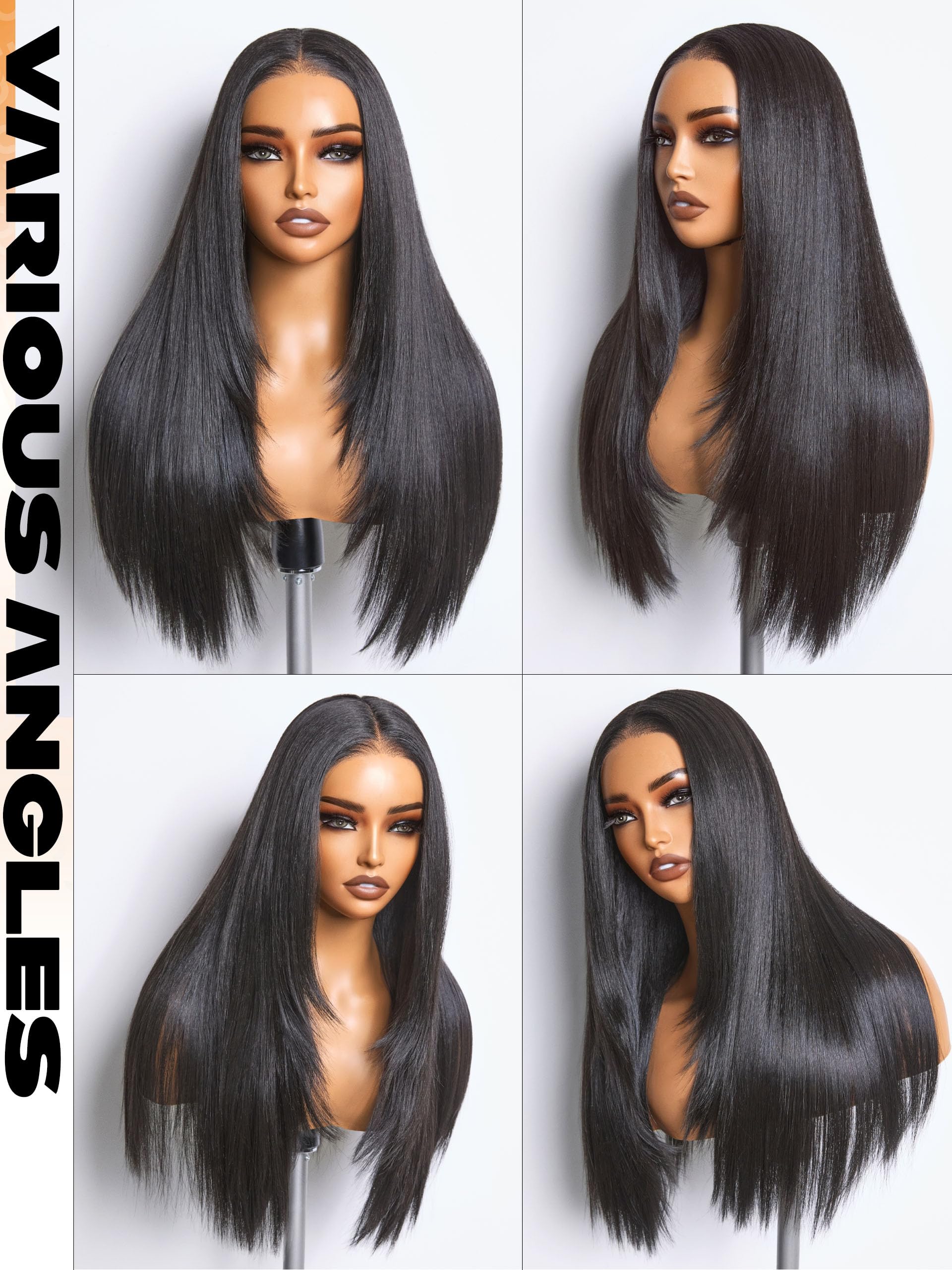 GORGIUS Black Straight Lace Front Wigs Pre Cut Glueless Layered Wig Middle Part Synthetic Frontal Wig with Natural Hairline 24 Inch