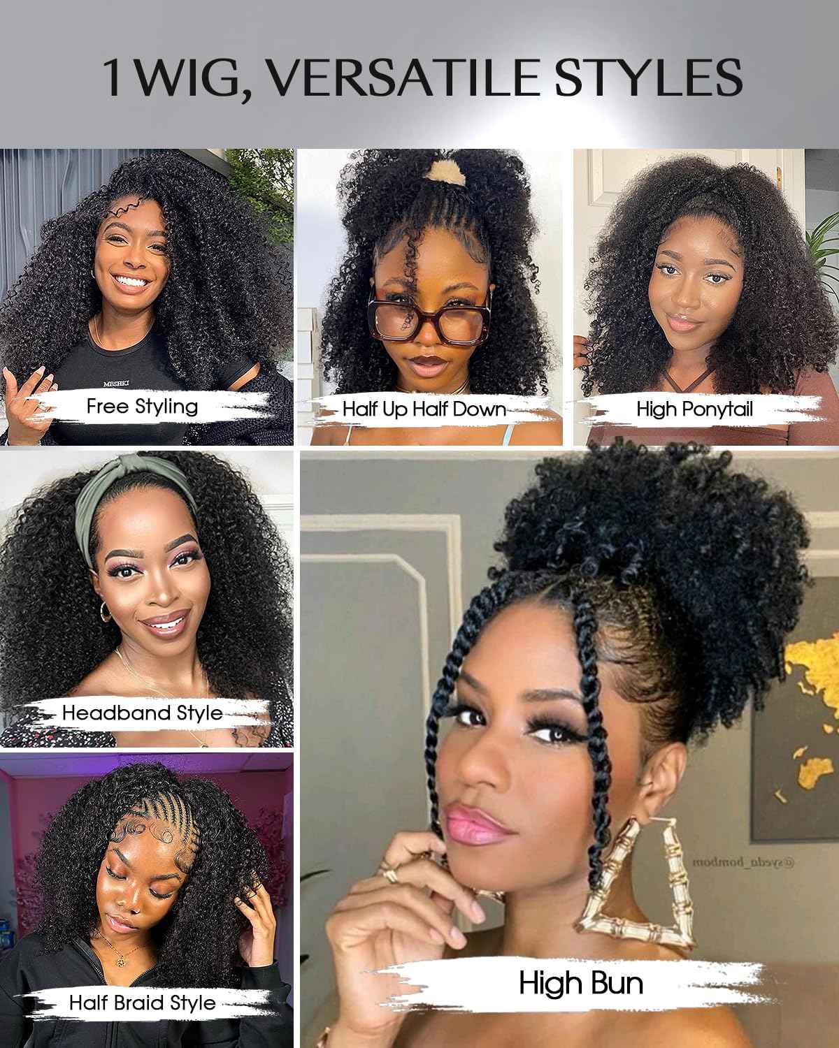Kinky Curly Half Wig Human Hair 200% Density Wear and Go Glueless Wigs Human Hair Half Wigs with Drawstring 3 In 1 Flip Over Headband Wig for Women Beginner Friendly 20 inch